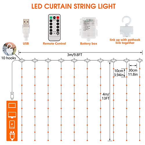 300LED Cortina de Luces – 3x3m, USB con Control Remoto Impermeable Luz Cadena Navidad, 8 Modos de Luces, Resistente al aguapara para Decoración Ventana, interiores, Navidad, Fiestas (Blanco cálido)