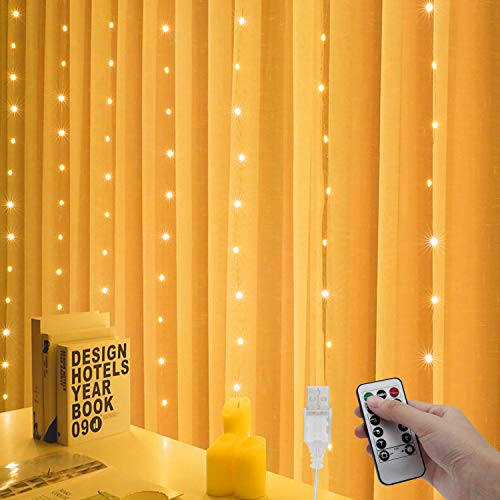 300LED Cortina de Luces – 3x3m, USB con Control Remoto Impermeable Luz Cadena Navidad, 8 Modos de Luces, Resistente al aguapara para Decoración Ventana, interiores, Navidad, Fiestas (Blanco cálido)