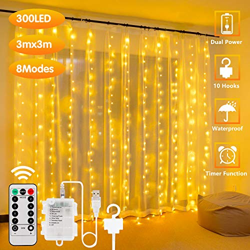 300LED Cortina de Luces – 3x3m, USB con Control Remoto Impermeable Luz Cadena Navidad, 8 Modos de Luces, Resistente al aguapara para Decoración Ventana, interiores, Navidad, Fiestas (Blanco cálido)