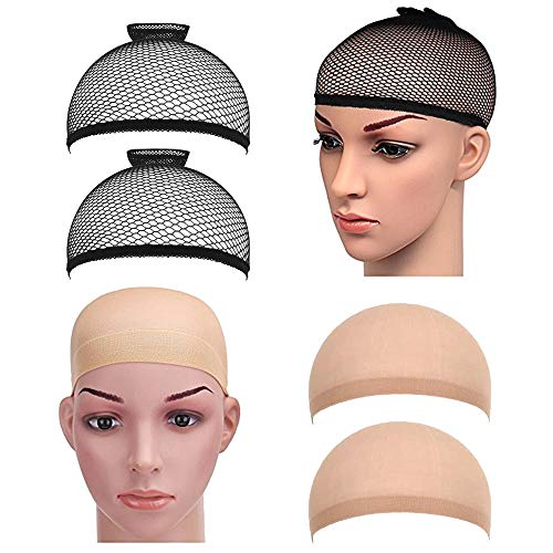 4 gorros elásticos para pelucas de PrettyDate, nailon, color beige y negro, malla con extremo abierto