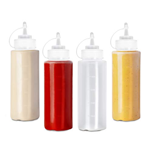 4 (Grande 500ml) Biberon Salsas con Tapas de Rosca| Dispensador de Botellas de Plástico para Condimentos Ketchup Mostaza Vinagre Salsa Aceite| a Prueba de Fugas, Resistente y Sin BPA.