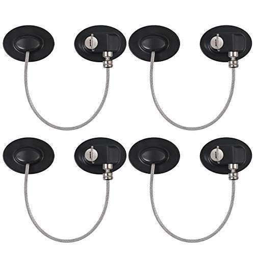 4 Piezas Cerraduras Nevera 18 cm Cable de Acero Inoxidable 304 Cerradura para Muebles con Adhesivo Fuerte Sin Taladro para Ventanas Puertas Refrigerador Gabinete Armarios Cajones-Ovalada Negro