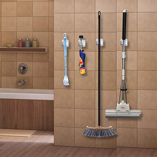 4 Piezas Colgador Escoba Pared, Adhesivos Soporte Fregonas sin Perforar, Ajustable Colgador de Escobas, Organizador para Herraminetas Limpias en Hogar Restaurante Cocina Baño e garaje, Gris