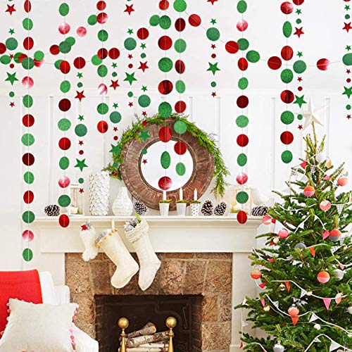 4 piezas de círculo de estrellas brillantes, cinta de papel de color claro, guirnalda, pancarta para colgar, para compromiso de Navidad, boda, fiesta de cumpleaños, decoración navideña, rojo y verde