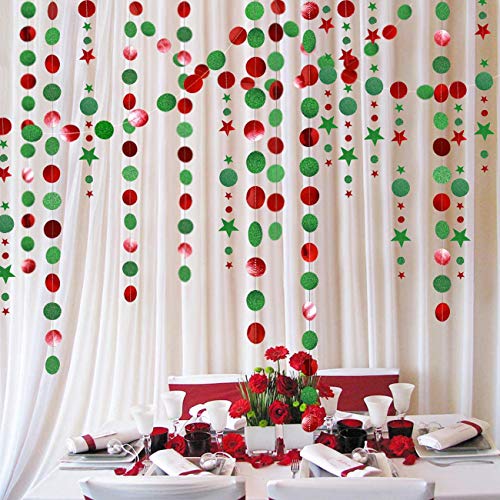 4 piezas de círculo de estrellas brillantes, cinta de papel de color claro, guirnalda, pancarta para colgar, para compromiso de Navidad, boda, fiesta de cumpleaños, decoración navideña, rojo y verde