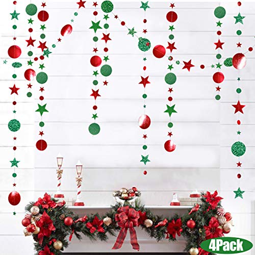 4 piezas de círculo de estrellas brillantes, cinta de papel de color claro, guirnalda, pancarta para colgar, para compromiso de Navidad, boda, fiesta de cumpleaños, decoración navideña, rojo y verde