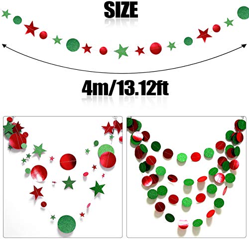 4 piezas de círculo de estrellas brillantes, cinta de papel de color claro, guirnalda, pancarta para colgar, para compromiso de Navidad, boda, fiesta de cumpleaños, decoración navideña, rojo y verde