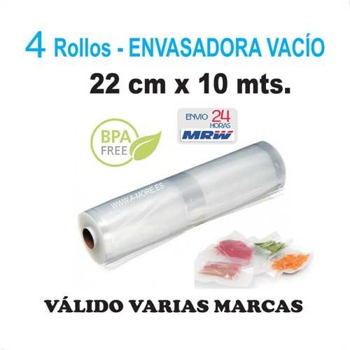 4 Rollos gofrados para envasadora vacío de 22cm x 10m. Para Aicok, Cecotec,Jata, Proficook, Elma, Lacor, Roguci, Laica, Klarstein, Krups, Easyvac, Ellrona, Eltac, Foodsaver,Garhe, Bomann, Clatronic...