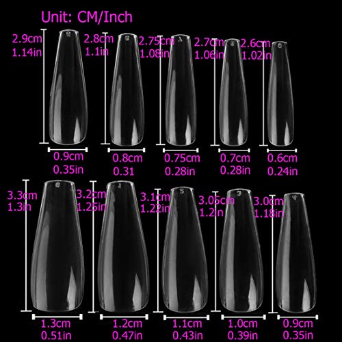 500 piezas Bailarina Uñas Falsas  Uñas Artificiales de Ataúd Largo Uñas acrílicas para calcomanía de uñas  Puntas de uñas de cubierta completa 10 tamaño Uñas postizas transparentes