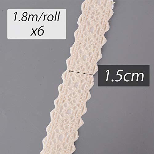 6 rollos(12yardas≈ 10,9metro) Cinta Puntillas Adhesiva de Encaje Ancho de1,5cm Decorativa para Scrapbooking Manualidades Decoración Boda Fiesta Regalo Beige