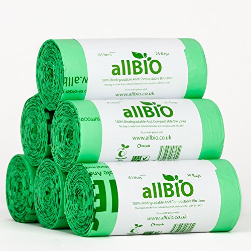 6 x 25 bags allBIO 8 Litre 100% Biodegradable & Compostable Kitchen Caddy Liners