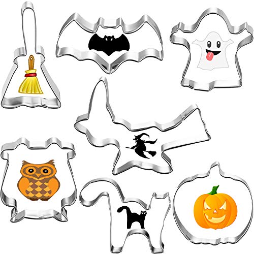 7 Piezas Cortadores de Galletas de Halloween Set Moldes de Galletas con Murciélagos de Calabaza Búhos Gato Fantasma Brujas Diseño de Palo de Escoba para la Decoración de Galletas de Halloween
