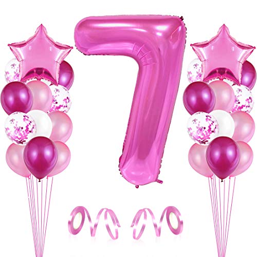 7er Cumpleaños Globos, Decoración de cumpleaños 7 en Rosas, Feliz cumpleaños Decoración Globos 7 Años, Globos Numeros para Fiestas,Globos de Aluminio para Niñas