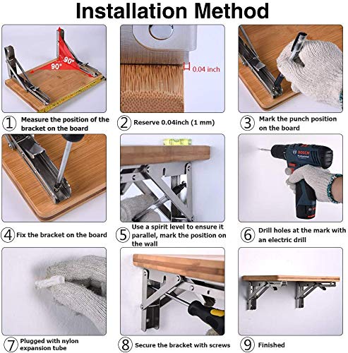 8"/200mm Soportes Plegables para Estantes, 2 Pcs Acero Inoxidable Bricolaje Soportes Plegables Para Pared, Ahorrar Espacio La Capacidad de Carga Máxima es de 40 kg, con Tornillos