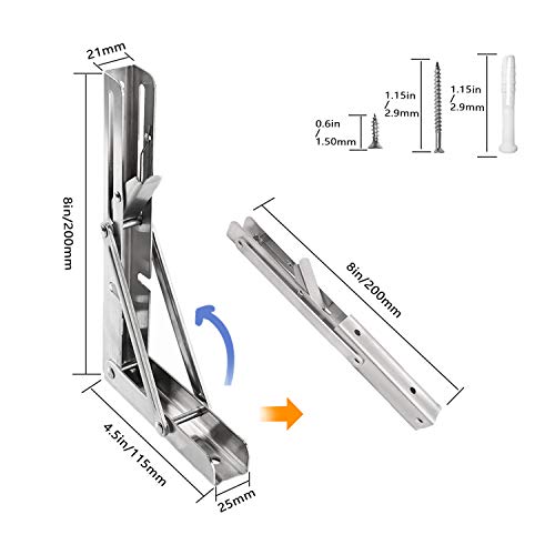 8"/200mm Soportes Plegables para Estantes, 2 Pcs Acero Inoxidable Bricolaje Soportes Plegables Para Pared, Ahorrar Espacio La Capacidad de Carga Máxima es de 40 kg, con Tornillos