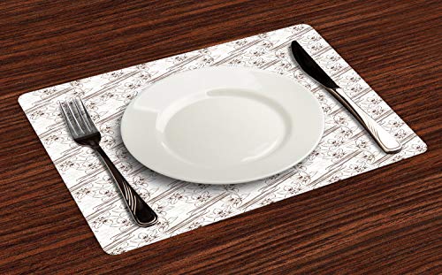 ABAKUHAUS Vainilla Salvamantel Set de 4 Unidades, Vainas y Flores con Texto, Material Lavable Estampado Decoración de Mesa Cocina, Umber Marfil