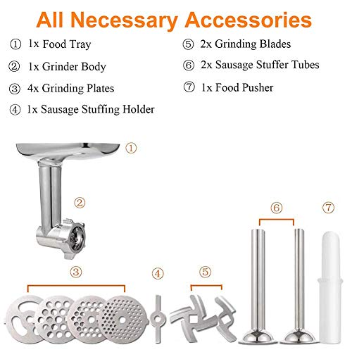 Accesorio para picadora de alimentos de metal compatible con batidoras de pie KitchenAid, picadora de carne, accesorio para relleno de salchichas incluido 2 tubos para relleno de salchichas