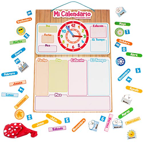 aeioubaby.com Calendario Reloj Magnético Infantil, Juego Educativo Fecha Tiempo y Hora para Pared o Frigorífico, 43x32cm. Caja Cumpleaños de niños en Colegio o Guardería (Español)