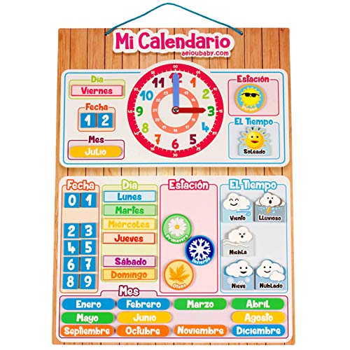 aeioubaby.com Calendario Reloj Magnético Infantil, Juego Educativo Fecha Tiempo y Hora para Pared o Frigorífico, 43x32cm. Caja Cumpleaños de niños en Colegio o Guardería (Español)