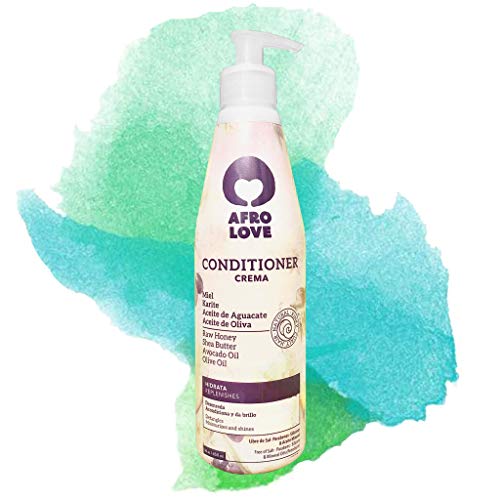 Afro Love acondicionador sin siliconas sin sulfatos sin parabenos para cabello rizado 290ml con miel pura, manteca de karité, aceite de aguacate y aceite de oliva, Vegano, Cruelty free