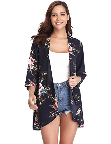 Aibrou Mujeres gasas Chal Flojo, Estampado Kimono Cardigan Top Cover Up Blusa Beachwear(Armada M)