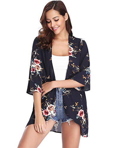 Aibrou Mujeres gasas Chal Flojo, Estampado Kimono Cardigan Top Cover Up Blusa Beachwear(Armada M)