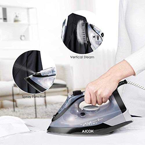 AICOK Plancha Ropa, Plancha de Vapor 2200W con Anti-Escala, Revestimiento Ceramic Coat, Anti Goteo, Auto Limpieza, 5 Modos de Control de Temperatur (Choque de Vapor y Vapor Vertical 180g/min), 300ml