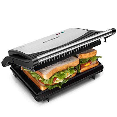 Aigostar York 30RUM - Grill, parrilla, panini, sándwich, 750W de potencia, placas antiadherentes pequeñas: 23 x 14,3 cm, apertura 180º, dos superficies de cocinado. Libre de BPA. Asa de toque frío.