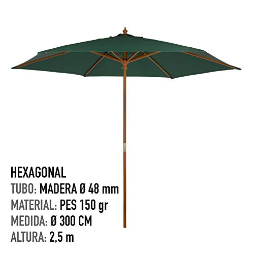 AKTIVE Garden 53865 Parasol hexagonal, diámetro 300 cm, verde mástil madera