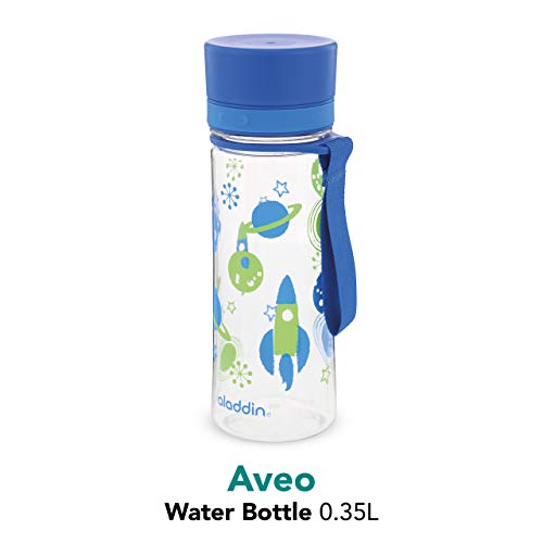 Aladdin Aveo Water Bottle 0.35L Blue Graphics – Wide opening for easy fill, Leakproof, BPA-Free, Smooth Drinking Spout, Stain and Smell Resistant, Dishwasher Safe, Azul con gráficos para niños