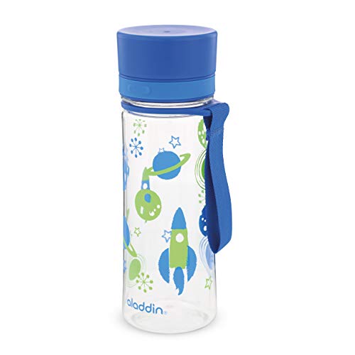 Aladdin Aveo Water Bottle 0.35L Blue Graphics – Wide opening for easy fill, Leakproof, BPA-Free, Smooth Drinking Spout, Stain and Smell Resistant, Dishwasher Safe, Azul con gráficos para niños