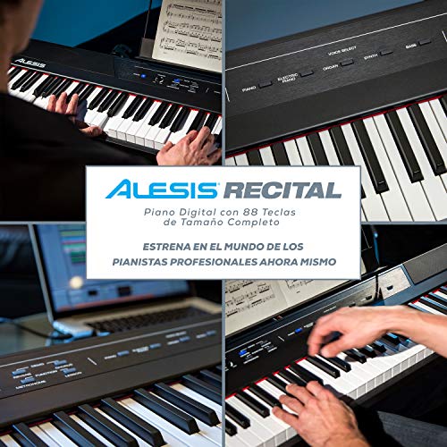 Alesis Recital - Teclado de Piano Digital con 88 Teclas Semi-contrapesadas de Tamaño Completo, Fuente de Alimentación, Altavoces Incorporados y 5 voces de Primera Calidad