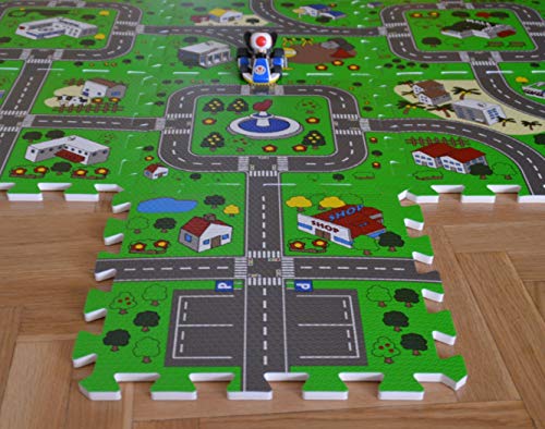 Alfombra puzzle de goma EVA para niños. Diseño de circuito de tráfico. 1 cm. de espesor. 9 piezas intercambiables. Modelo 2