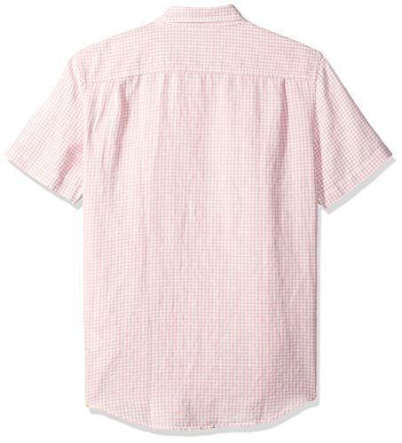 Amazon Essentials - Camisa de lino a rayas, de manga corta y corte entallado para hombre, rosado (Pink Gingham), US M (EU M)