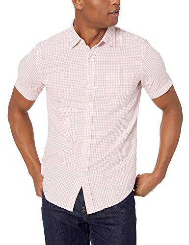 Amazon Essentials - Camisa de lino a rayas, de manga corta y corte entallado para hombre, rosado (Pink Gingham), US M (EU M)