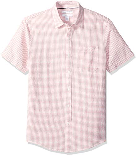 Amazon Essentials - Camisa de lino a rayas, de manga corta y corte entallado para hombre, rosado (Pink Gingham), US M (EU M)