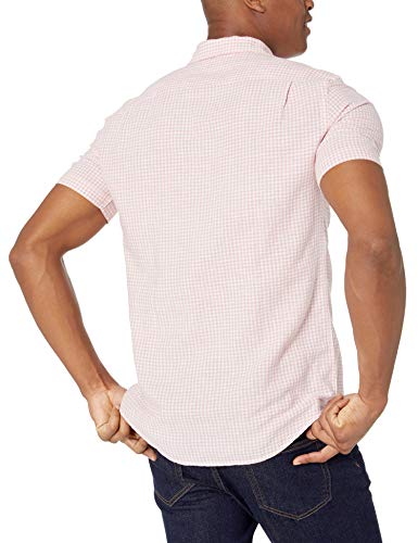 Amazon Essentials - Camisa de lino a rayas, de manga corta y corte entallado para hombre, rosado (Pink Gingham), US M (EU M)