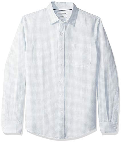 Amazon Essentials - Camisa de lino con manga larga, corte entallado y estampado para hombre, Celeste (Light Blue Gingham), US L (EU L)