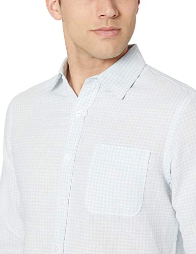 Amazon Essentials - Camisa de lino con manga larga, corte entallado y estampado para hombre, Celeste (Light Blue Gingham), US L (EU L)