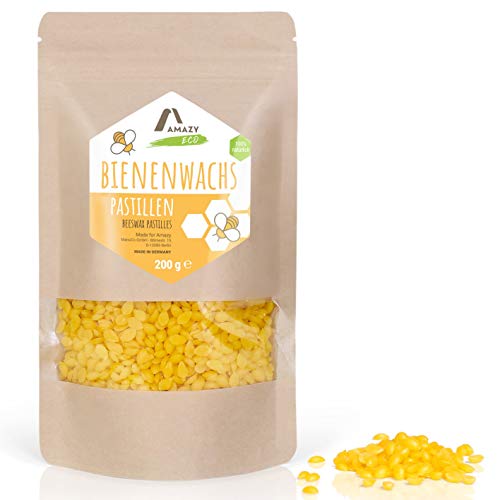 Amazy cera de abeja | 200g – 100% Pastillas de cera natural y fácil para fundir – Ecofriendly – Cera para velas – Ideal para la fabricación de cosméticos, velas, barnices y telas de cera de abeja.