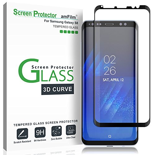 amFilm Protector Pantalla Galaxy S8, Cobertura Total (3D Curvo) Cristal Vidrio Templado Protector de Pantalla para Samsung Galaxy S8 (Negro)