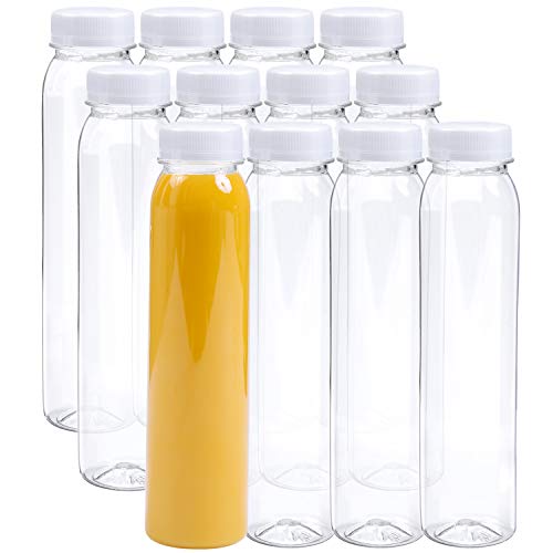 Aneco - 12 botellas de plástico vacías para jugo (12 onzas) con tapas para almacenar agua o bebidas caseras (tapa blanca)