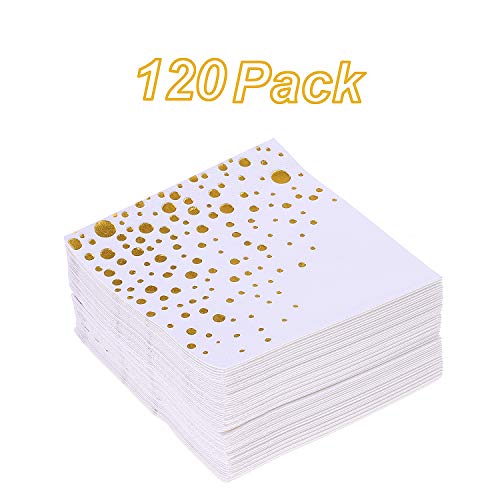 Aneco - Paquete de 120 servilletas de cóctel, color blanco con lunares dorados, servilletas de papel, diseño de lunares, para decoración de fiestas, suministros de fiesta de cumpleaños, 12,7 x 12,7 cm