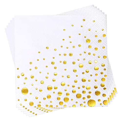 Aneco - Paquete de 120 servilletas de cóctel, color blanco con lunares dorados, servilletas de papel, diseño de lunares, para decoración de fiestas, suministros de fiesta de cumpleaños, 12,7 x 12,7 cm