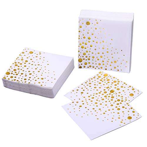 Aneco - Paquete de 120 servilletas de cóctel, color blanco con lunares dorados, servilletas de papel, diseño de lunares, para decoración de fiestas, suministros de fiesta de cumpleaños, 12,7 x 12,7 cm