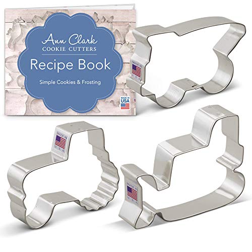 Ann Clark Cookie Cutters Juego de 3 cortadores de galletas vehículos/máquinas de construcción con libro de recetas, buldócer, volquete y tractor