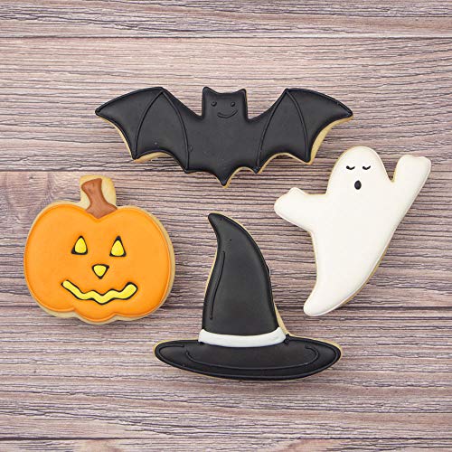 Ann Clark Cookie Cutters Juego de 5 cortadores de galletas Halloween con libro de recetas, calabaza, murciélago, fantasma, sombrero de bruja y gato - Acero fabricado en EE. UU.