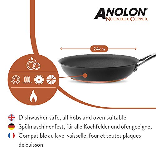 Anolon Nouvelle sartén Profesional con Sistema Antiadherente avanzado, sartén Antiadherente de Cobre, Acero Inoxidable y Aluminio anodizado Duro, sartén Grande de 24 cm, Negra