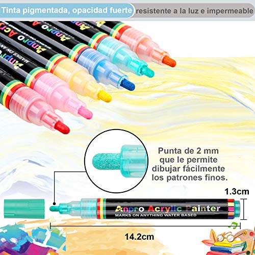 Anpro 14 Colores Bolígrafo Acrílico, Rotuladores Permanentes de Pintura Acrílica,Kit de Pintura de Piedra, Tela,Cerámica, Vidrio, Tela, Madera, Taza de Bricolaje