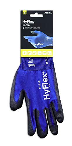 Ansell HyFlex 11-618 Guantes de Trabajo de Nylon, Extra-finos, Guante Mecánico Duraderos para Usos Múltiples, Azul Negro, Tamaño 9